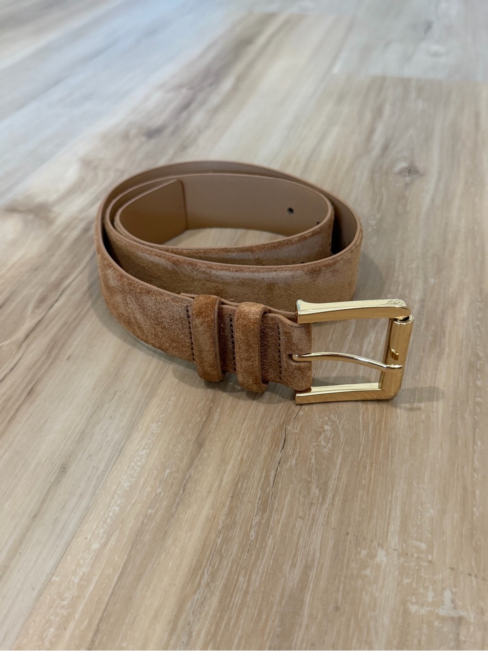 Suede Leather Belt in Tan with Gold Buckle